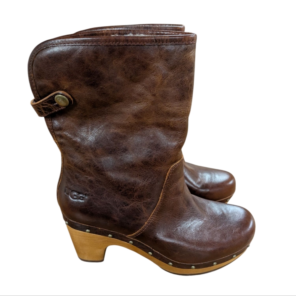 UGG Lynnea Fold Over Sheepskin Lined Brown Leather Boots Size 5 - Picture 11 of 14